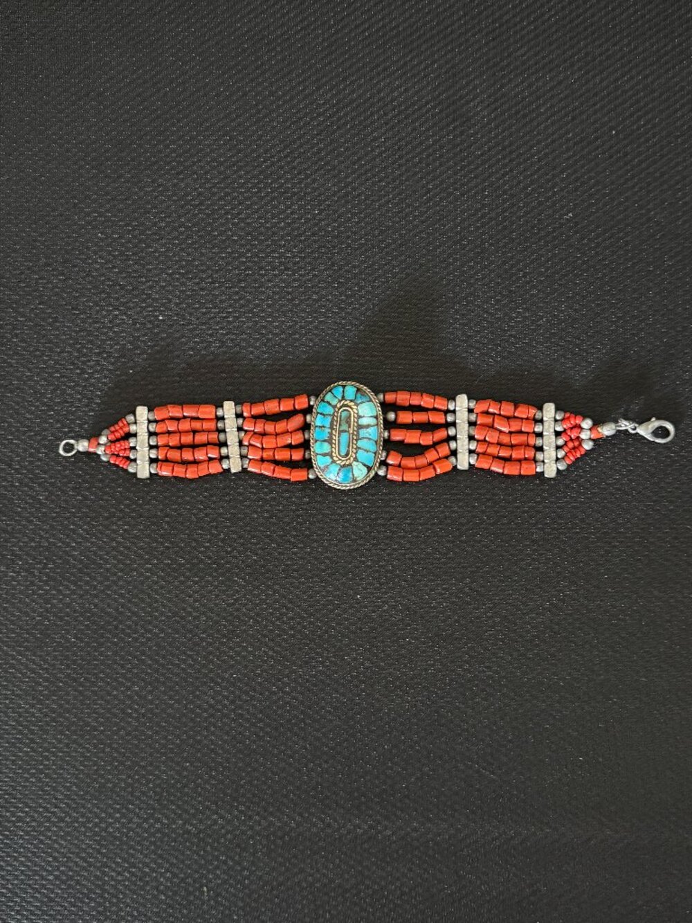 Vintage Native American Coral & Turquoise Mosaic Cluster Bracelet